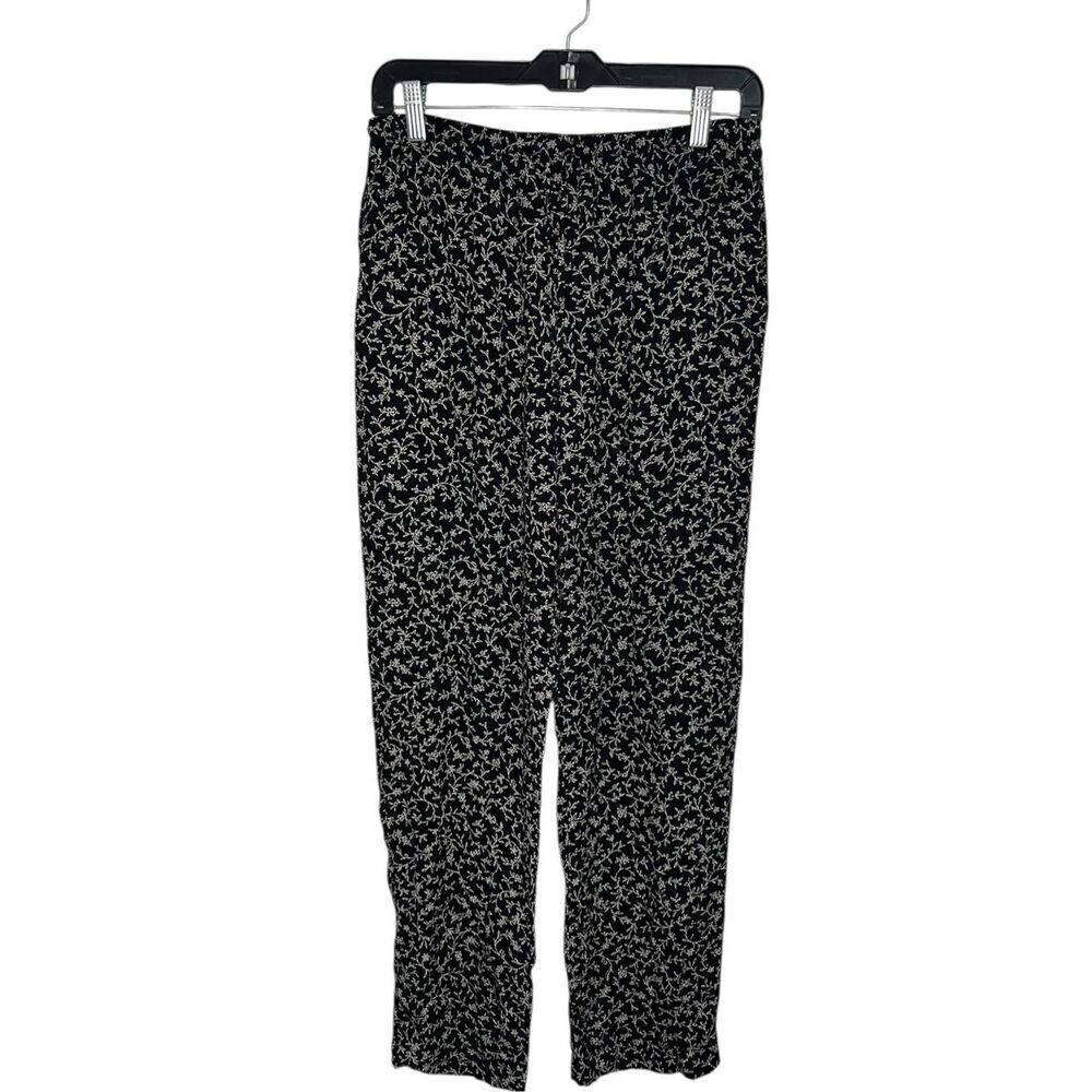 Vintage CLIO Women's Medium Lightweight Flowy Pants Black White Floral Rayon 90s
